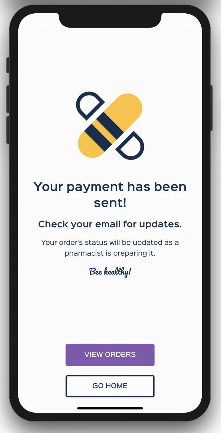 Screenshot of the BeeSmart app order completion screen.