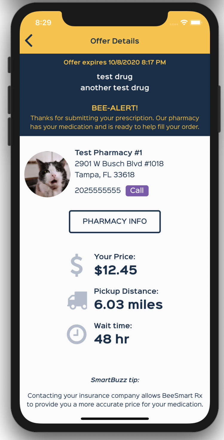 Screenshot of the BeeSmart app prescription review screen.