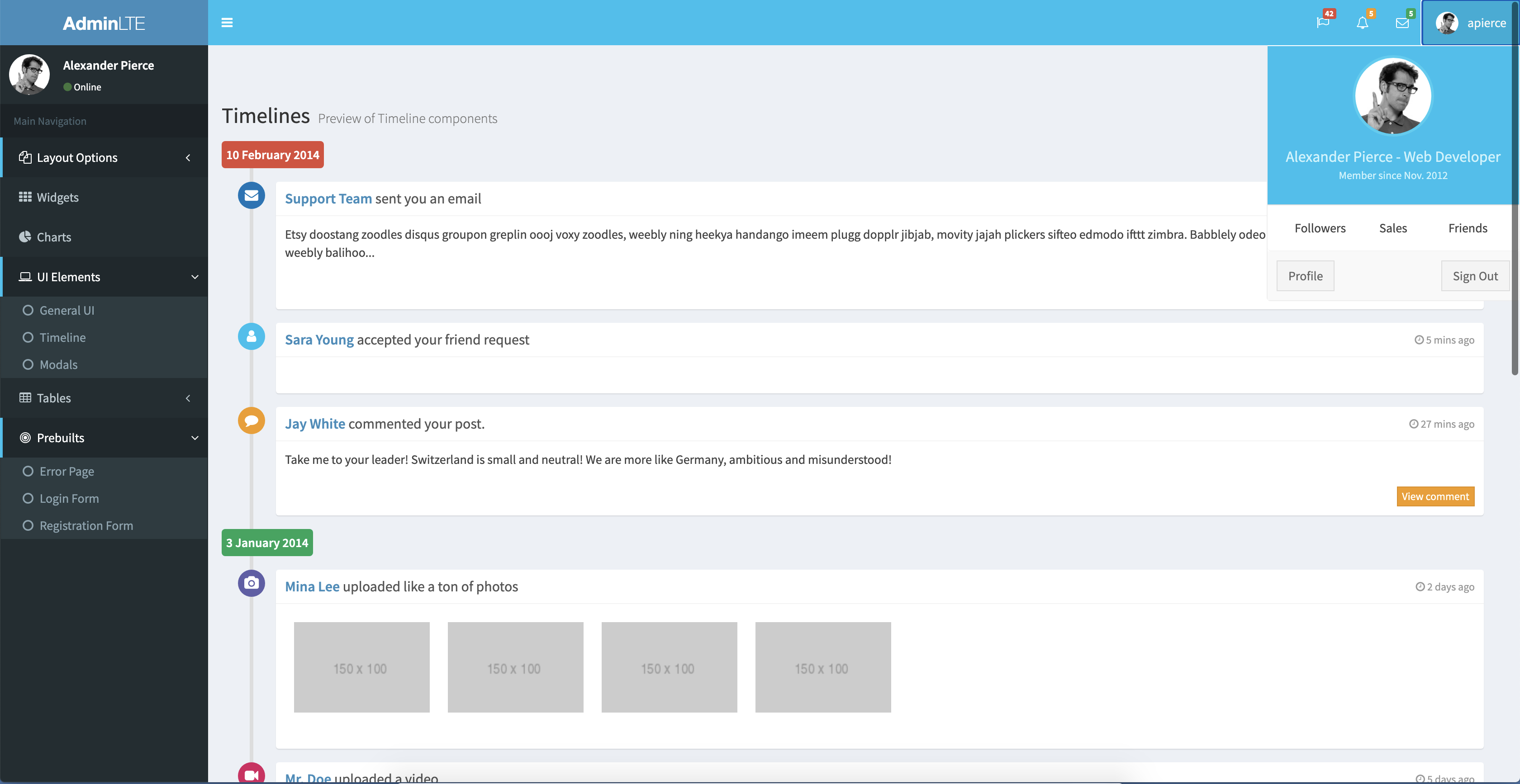 Screenshot of the AdminLTE timeline with the header profile opened.