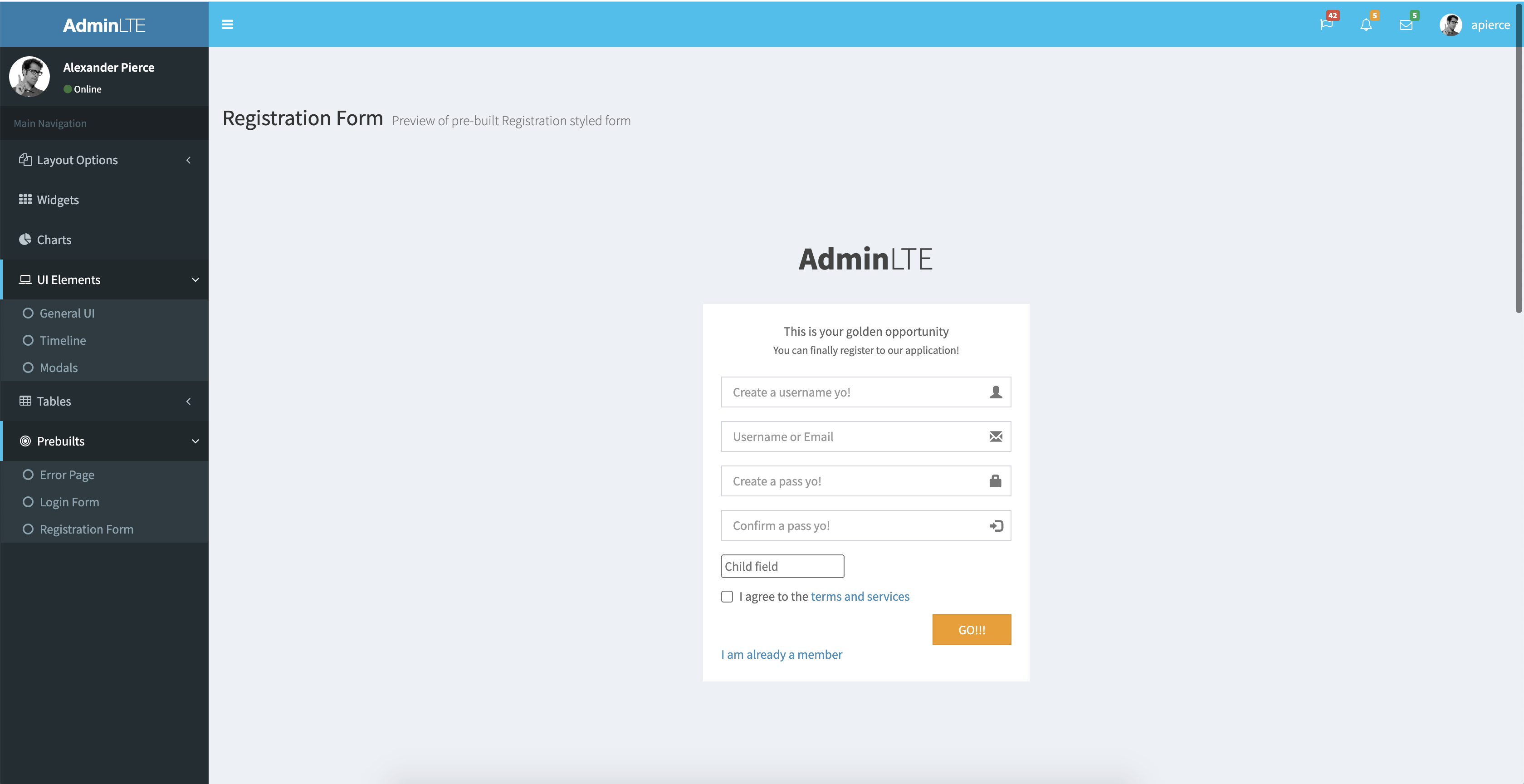 Screenshot of an AdminLTE login screen.