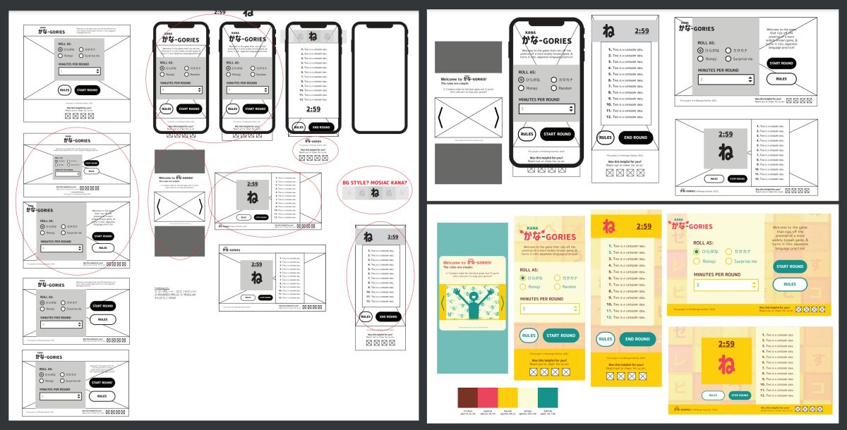 A screenshot of different wireframes and mockups for kanagories.