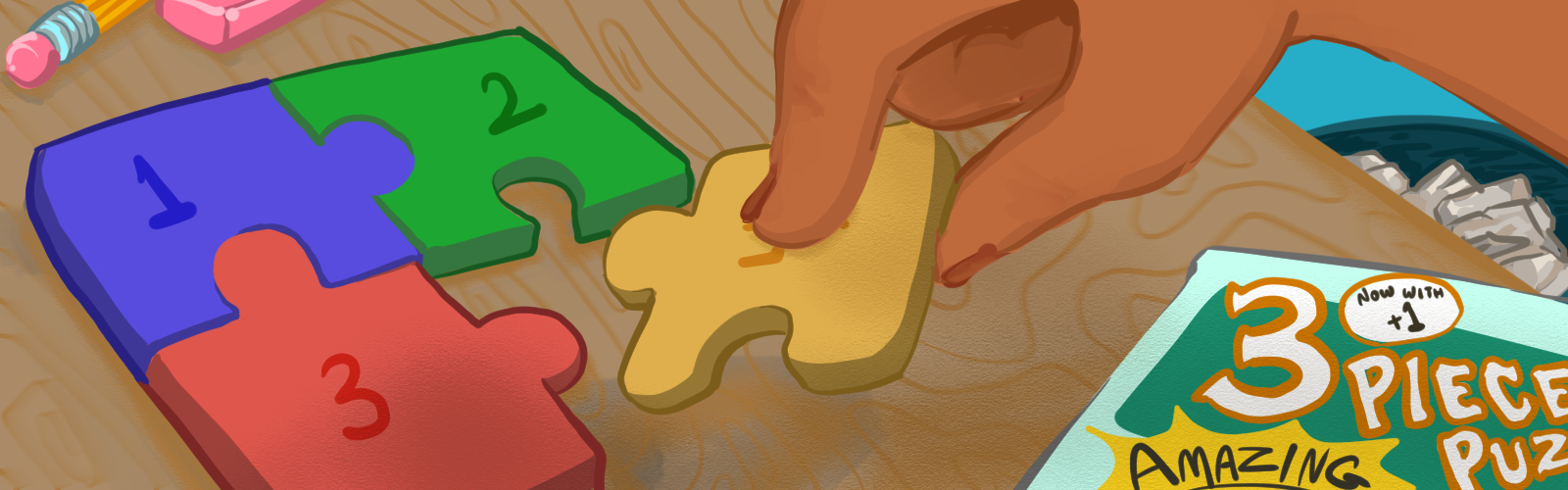 An image of a hand putting together a 3-piece puzzle set with an extra bonus piece.