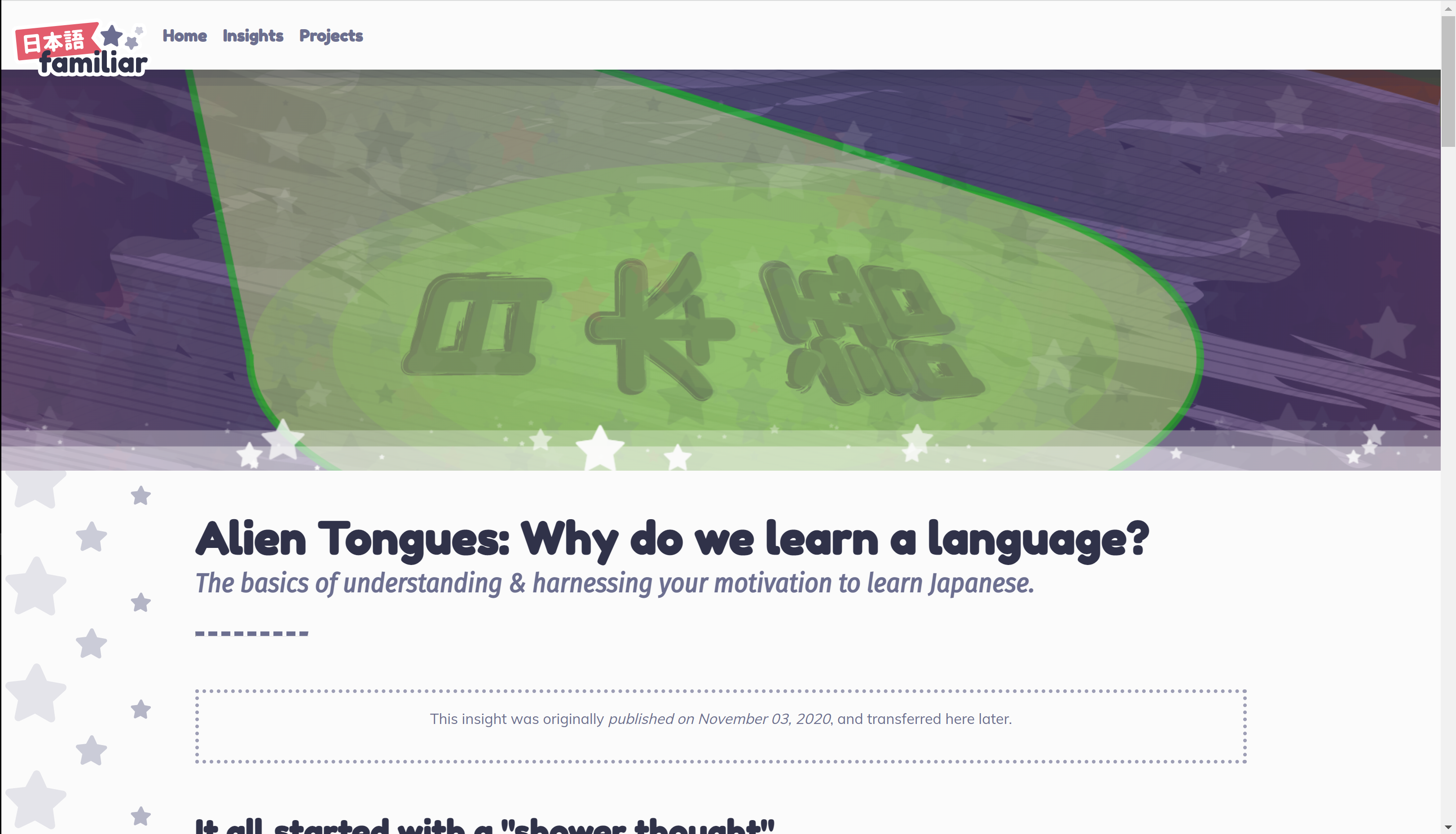 A screenshot of a Nihongo Familiar blogpost on desktop.