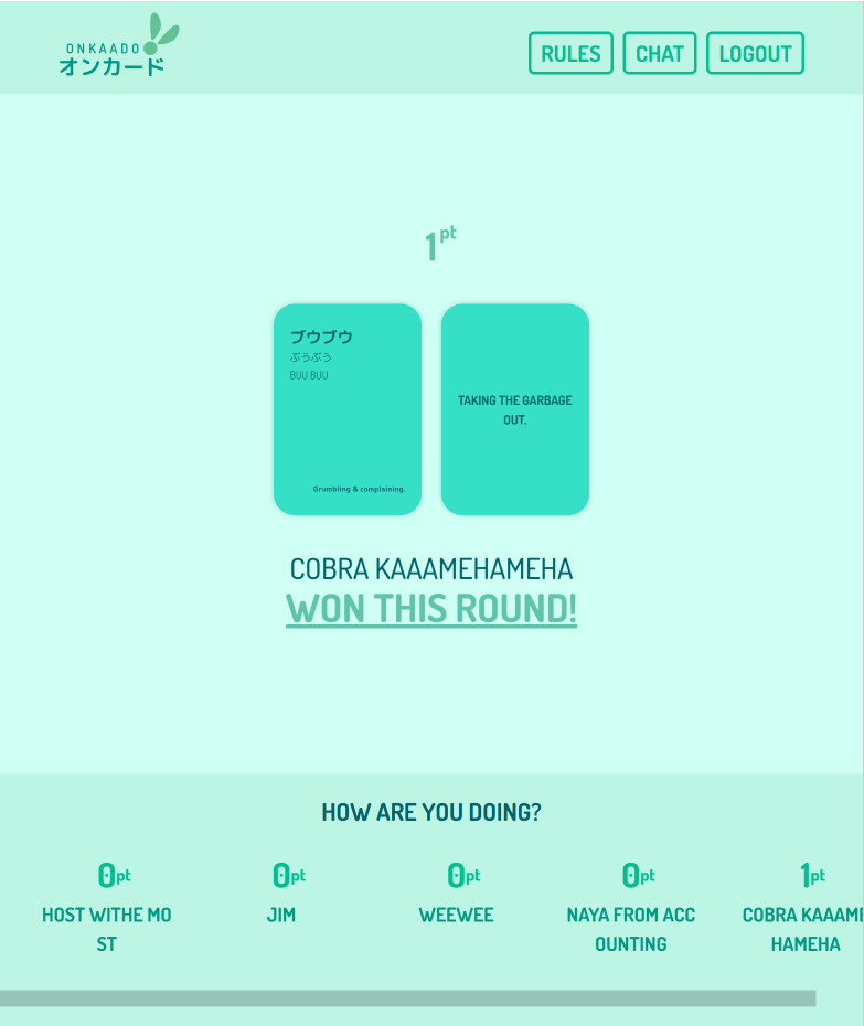 Screenshot of a round being won, the players and their scores displayed, along with the wrounds winning cards.