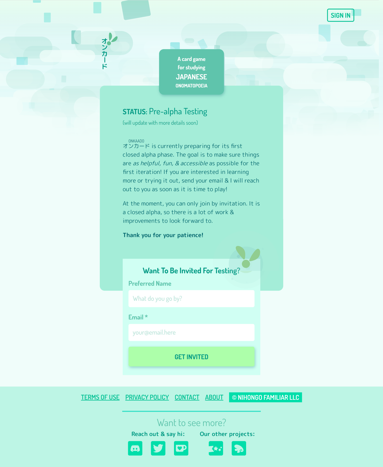 A screenshot of the Onkaado landing page in its desktop format.