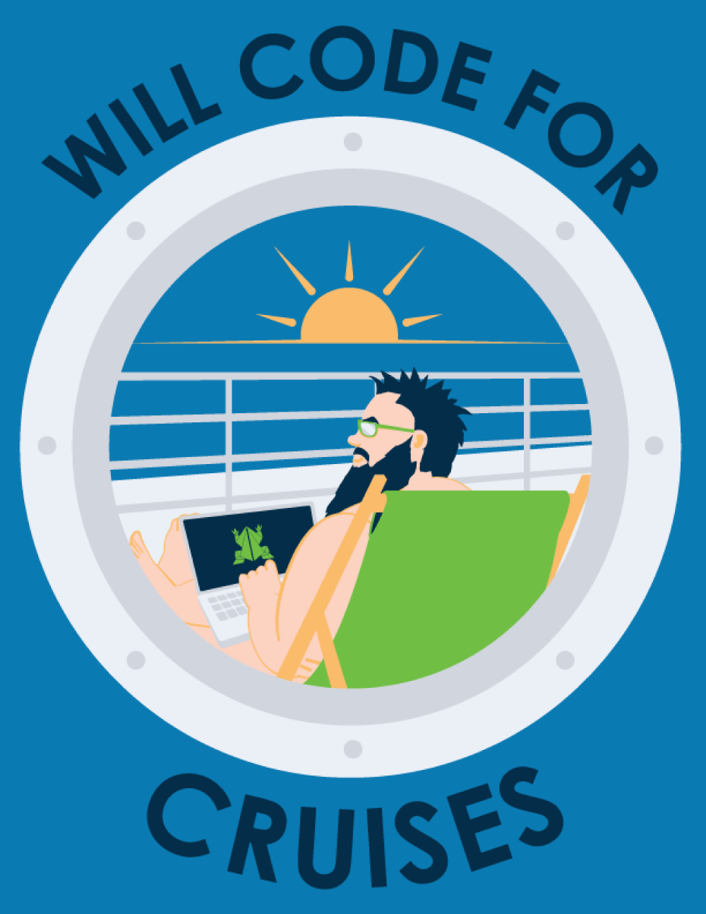 A screenshot of the Code Naked 2.0 t-shirt design. A man sits on a cruise ship, presumably in the nude. He is coding at his computer. The illustration is surrounded by a port window, with text that says 'Will Code for Cruises'.