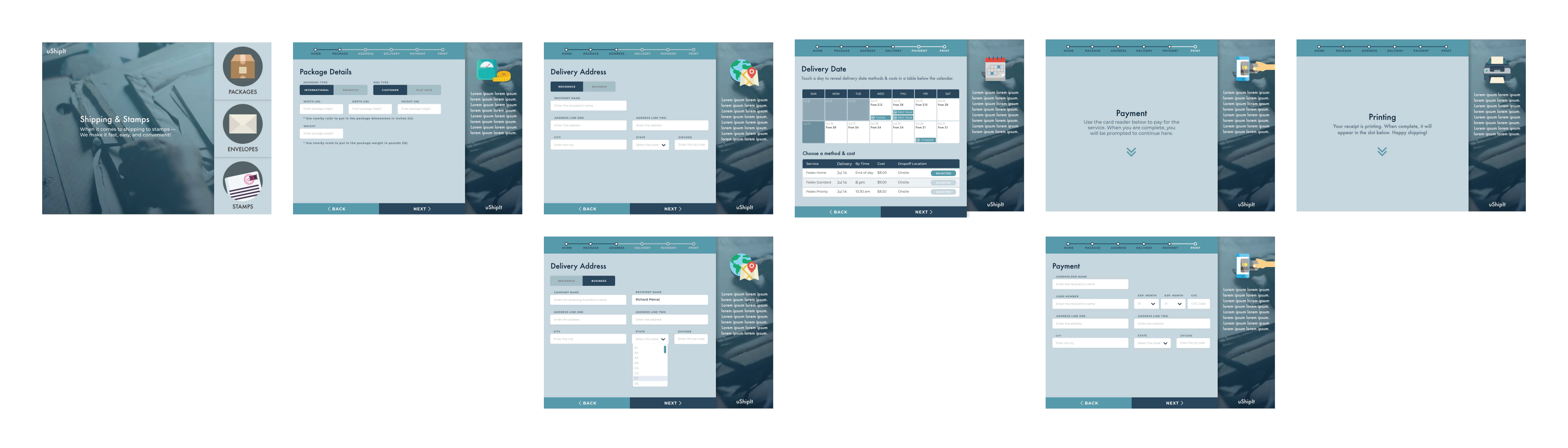 A screenshot of various early UI mockups for the uShipIt kiosk application.