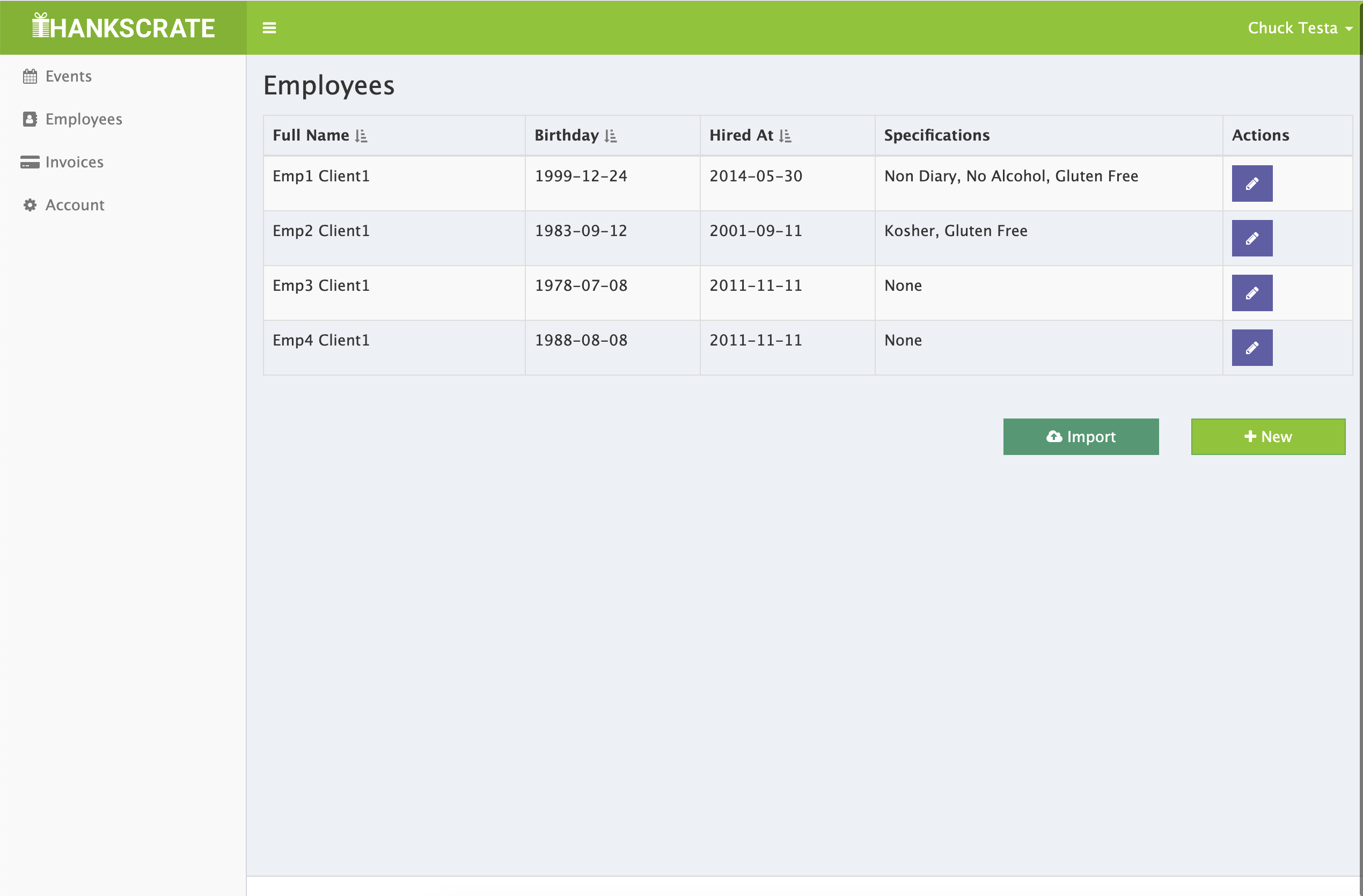 The Thankscrate CRUD table of employees.