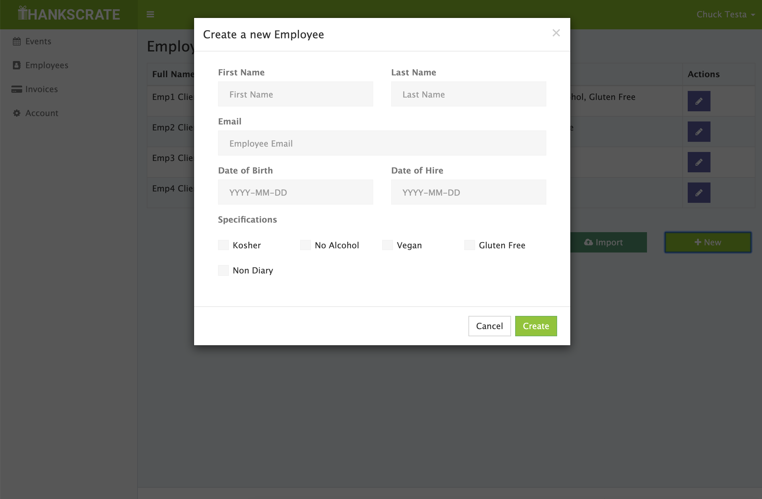 The Thankscrate CRUD table of employees.