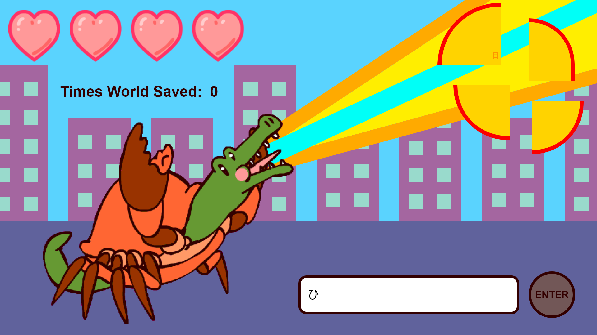 Screenshot of a reenactment of Wanicomets game. The Wanikani is in its attack animation, shattering a comet assunder with a mouth laser.