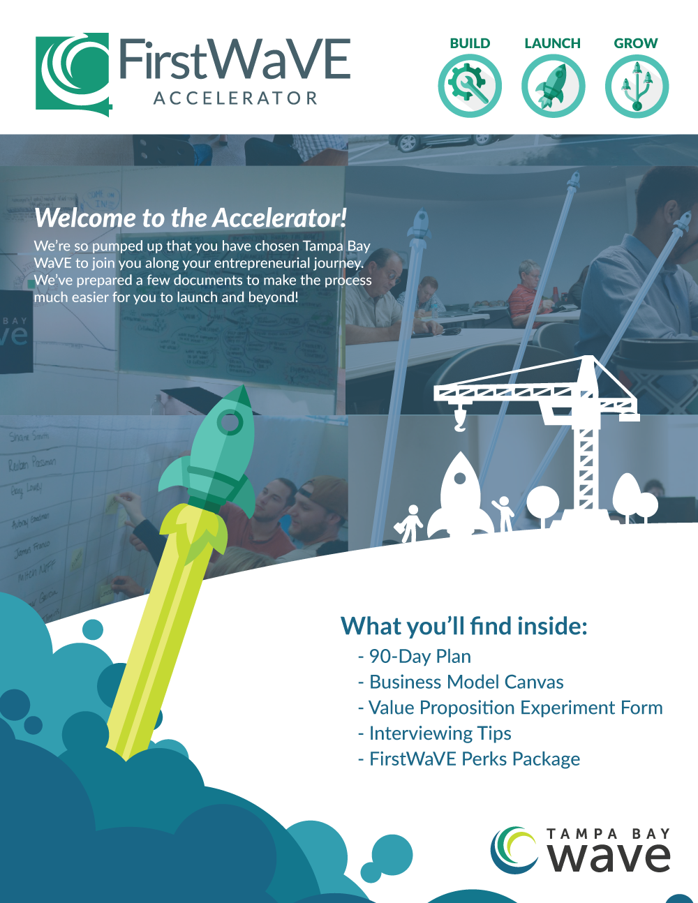 A screenshot of the cover page for the workbook. It has WaVE accelerator branding, an illustration of a rocket launching and people preparing another one for launch, and an explanation of what is in the rest of the workbook.