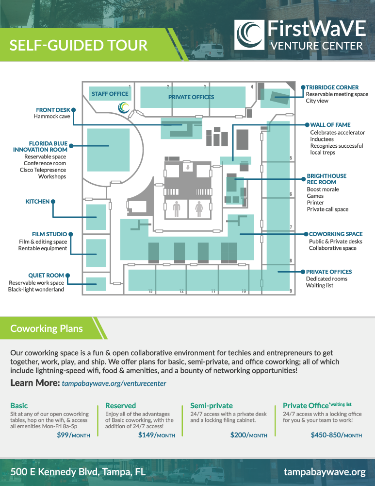 The back of the self guided tour flyer. It contains a map of the coworking space with plan details.