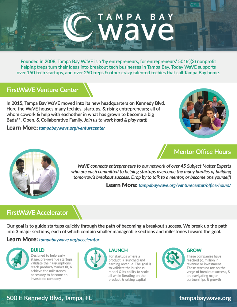 The front of the self guided tour flyer. It contains details about the incubation program, the mentor network, and WaVE's accelerator programs.